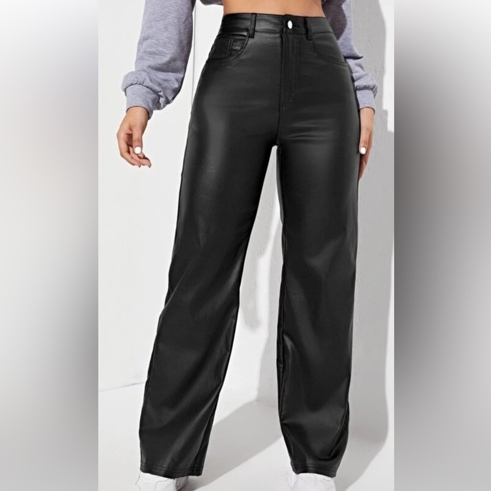 SHEIN Straight Leg Leather Look Jeans